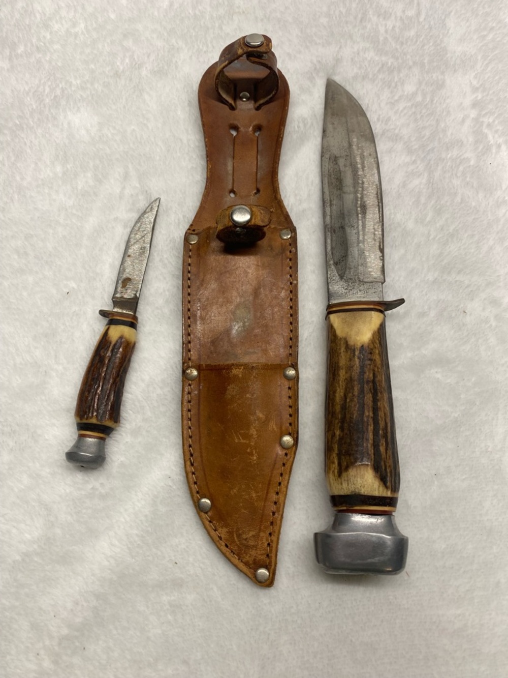 Vintage Solingen Stag Handle Knife Set With Leather Sheath